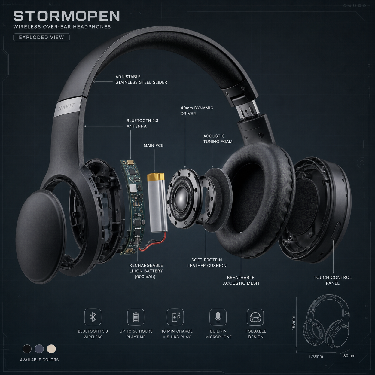 Stormopen TravelMate I — Foldable Over-Ear ANC Wireless Travel Headphones
